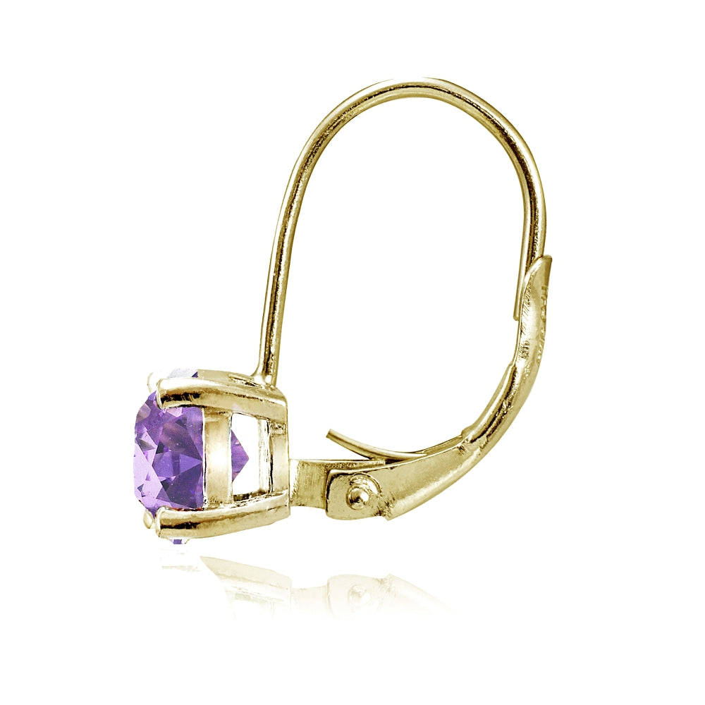 Yellow Gold Flashed Sterling Silver Created Amethyst 6mm Round Leverback Earrings-2