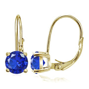Yellow Gold Flashed Sterling Silver Created Blue Sapphire 6mm Round Leverback Earrings
