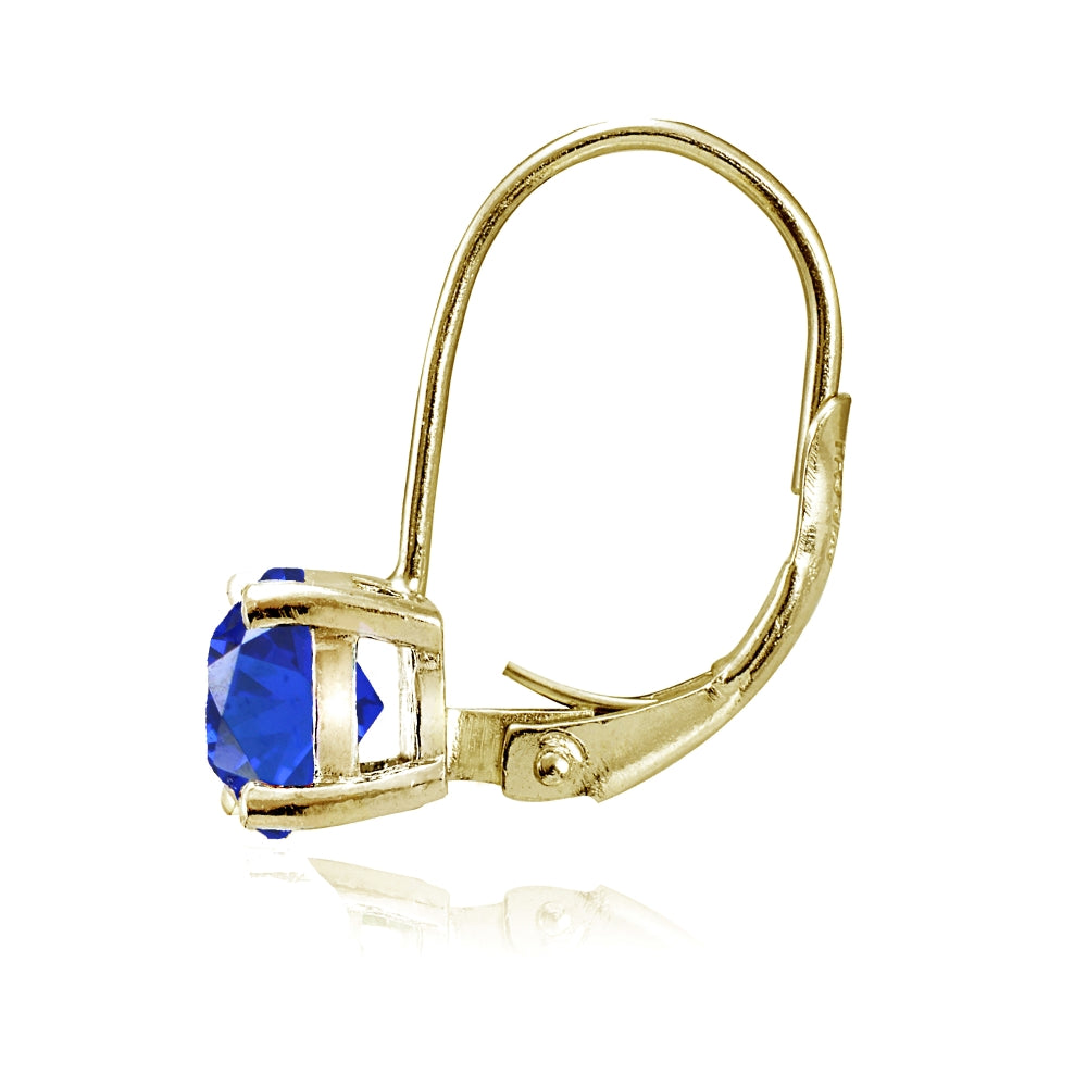Yellow Gold Flashed Sterling Silver Created Blue Sapphire 6mm Round Leverback Earrings-2
