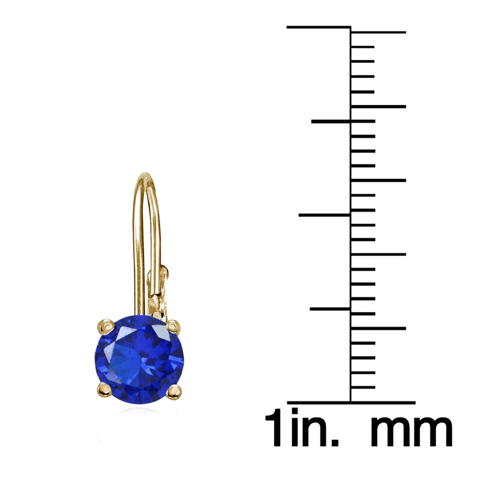 Yellow Gold Flashed Sterling Silver Created Blue Sapphire 6mm Round Leverback Earrings-3