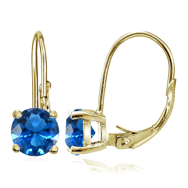 Yellow Gold Flashed Sterling Silver Created London Blue Topaz 6mm Round Leverback Earrings