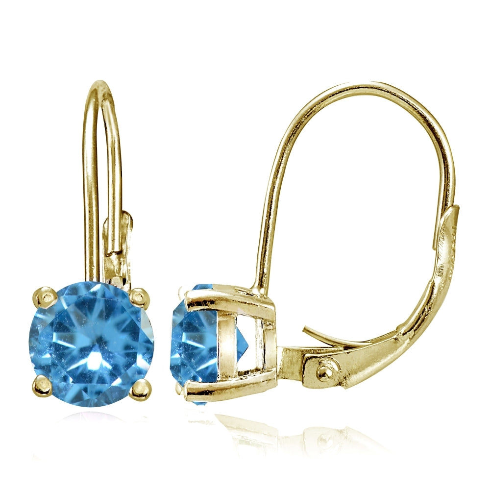 Yellow Gold Flashed Sterling Silver Created Blue Topaz 6mm Round Leverback Earrings