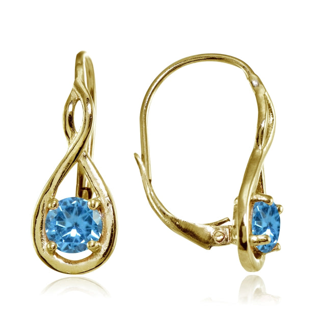 Yellow Gold Flashed Sterling Silver Created Blue Topaz 5mm Round Infinity Leverback Earrings