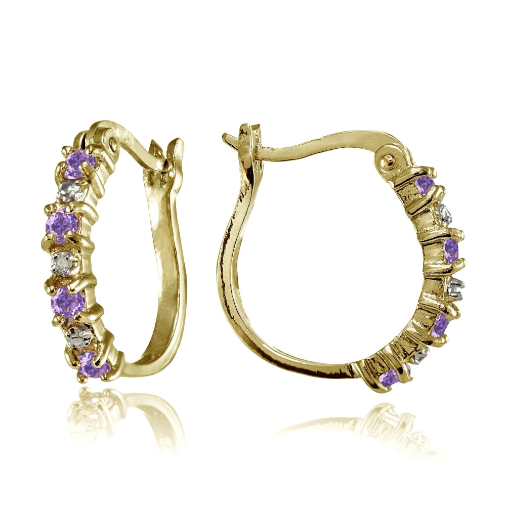 Yellow Gold Flashed Sterling Silver Polished Created Amethyst Round Hoop Earrings
