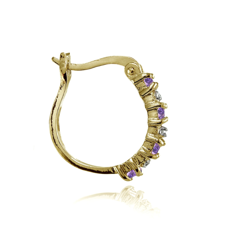 Yellow Gold Flashed Sterling Silver Polished Created Amethyst Round Hoop Earrings-2