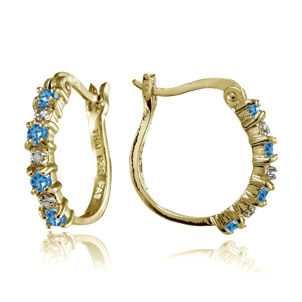 Yellow Gold Flashed Sterling Silver Polished Created Blue Topaz Round Hoop Earrings