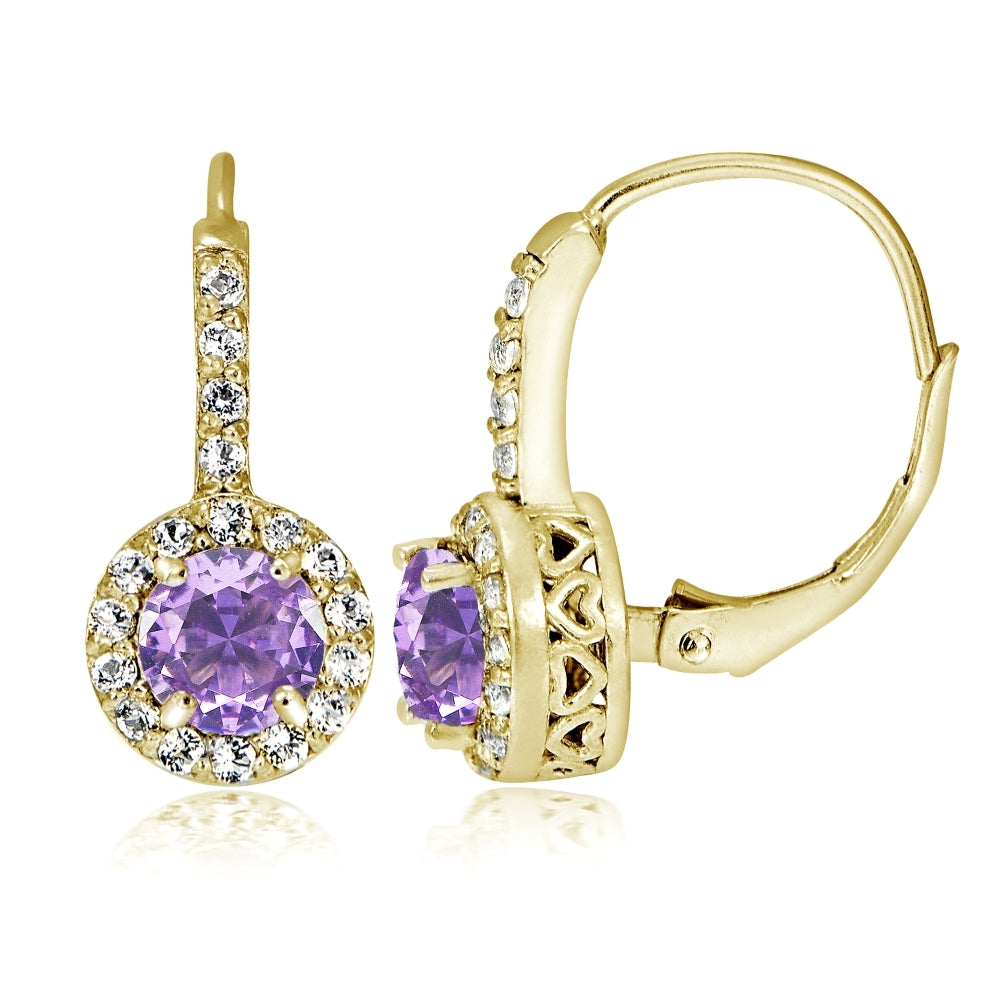 Yellow Gold Flashed Sterling Silver Created Amethyst 5mm Round and CZ Accents Leverback Earrings