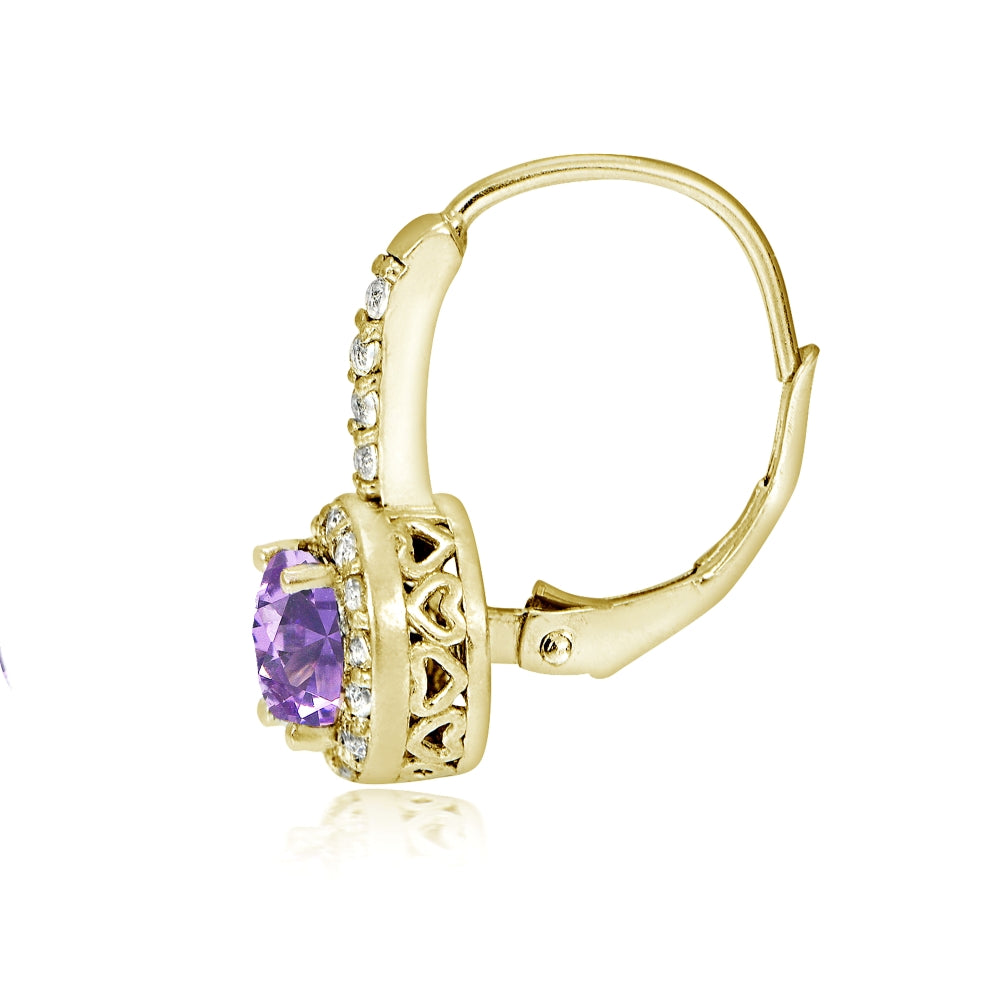 Yellow Gold Flashed Sterling Silver Created Amethyst 5mm Round and CZ Accents Leverback Earrings-2