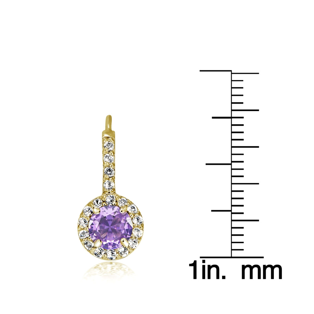 Yellow Gold Flashed Sterling Silver Created Amethyst 5mm Round and CZ Accents Leverback Earrings-3