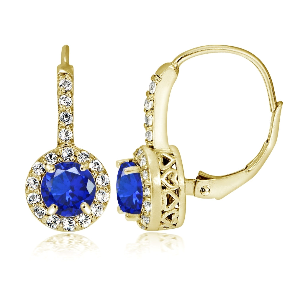 Yellow Gold Flashed Sterling Silver Created Blue Sapphire 5mm Round and CZ Accents Leverback Earrings