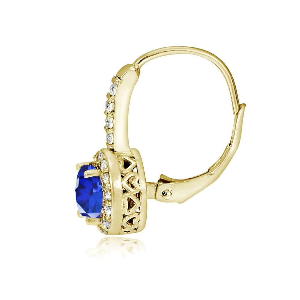 Yellow Gold Flashed Sterling Silver Created Blue Sapphire 5mm Round and CZ Accents Leverback Earrings-2