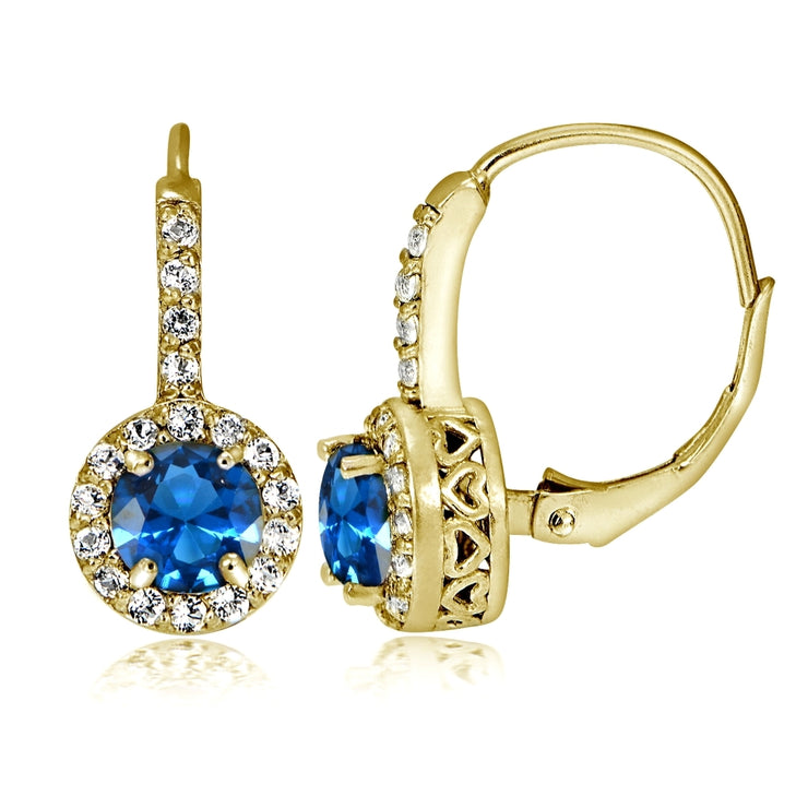 Yellow Gold Flashed Sterling Silver Created London Blue Topaz 5mm Round and CZ Accents Leverback Earrings