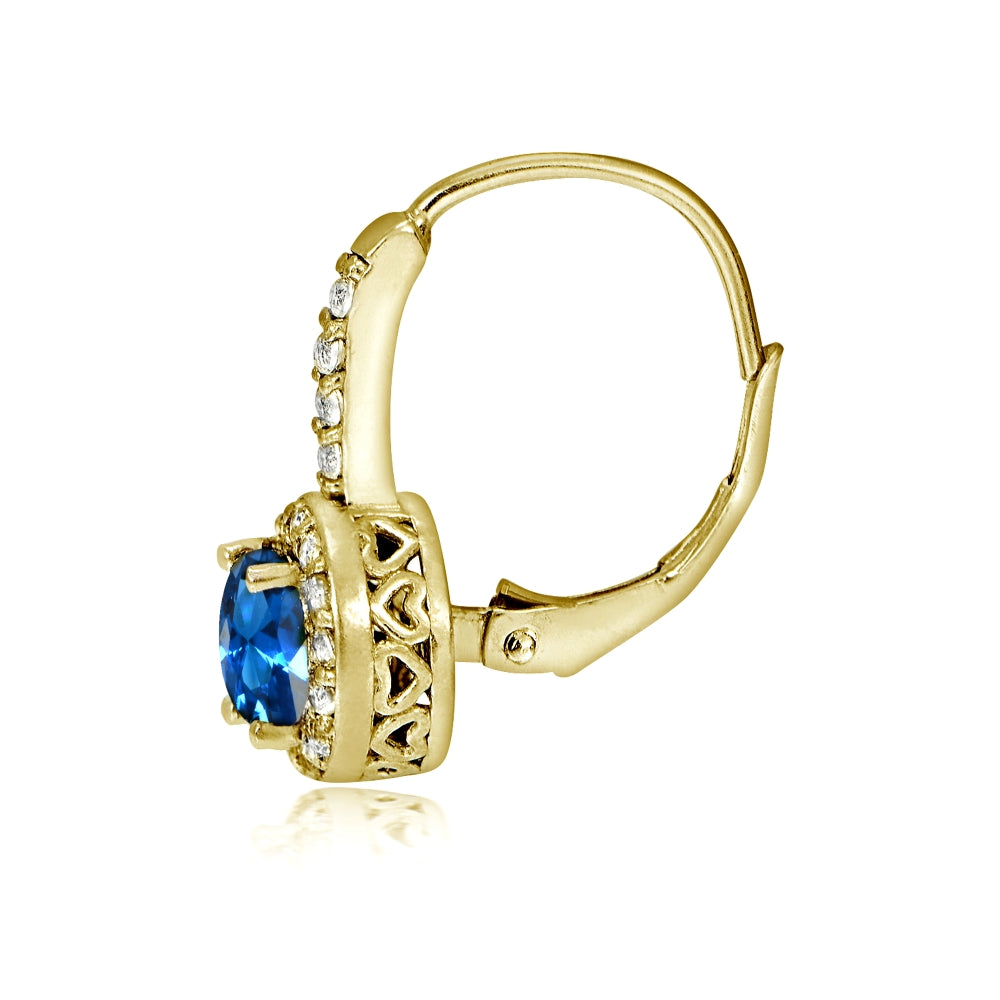 Yellow Gold Flashed Sterling Silver Created London Blue Topaz 5mm Round and CZ Accents Leverback Earrings-2