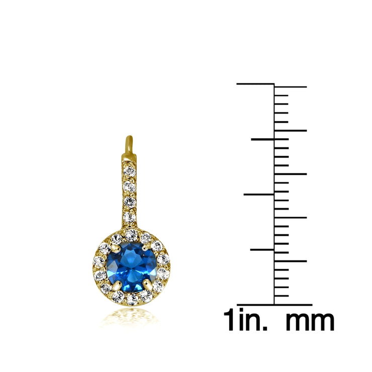 Yellow Gold Flashed Sterling Silver Created London Blue Topaz 5mm Round and CZ Accents Leverback Earrings
