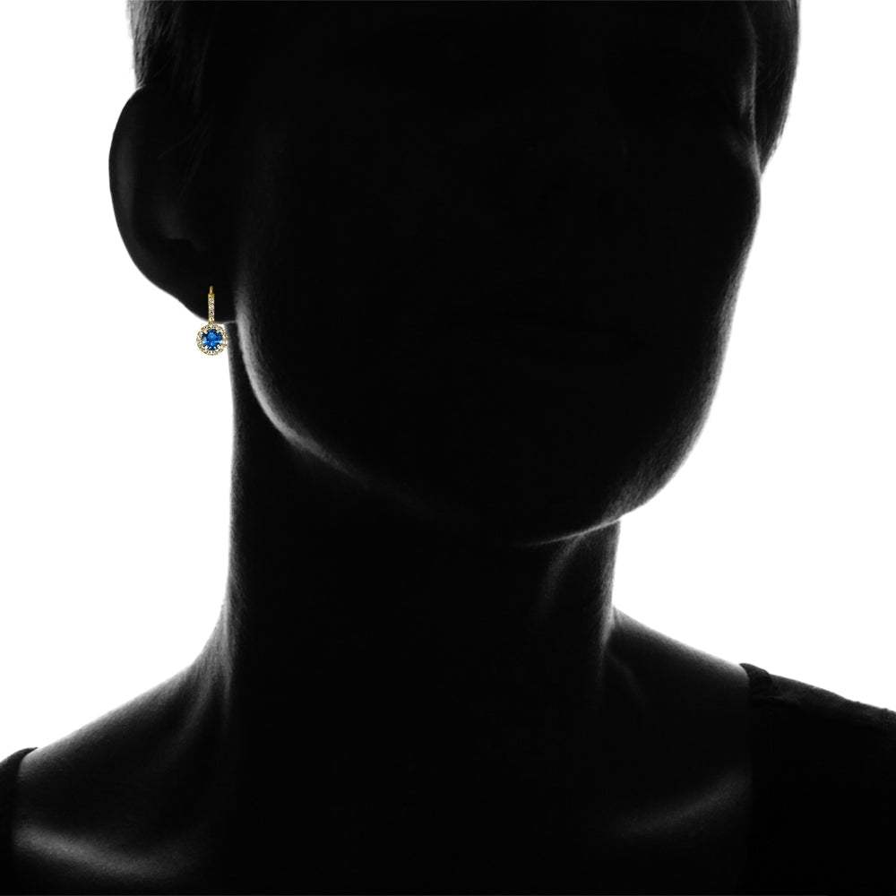Yellow Gold Flashed Sterling Silver Created London Blue Topaz 5mm Round and CZ Accents Leverback Earrings-4