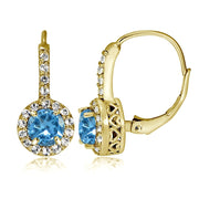 Yellow Gold Flashed Sterling Silver Created Blue Topaz 5mm Round and CZ Accents Leverback Earrings