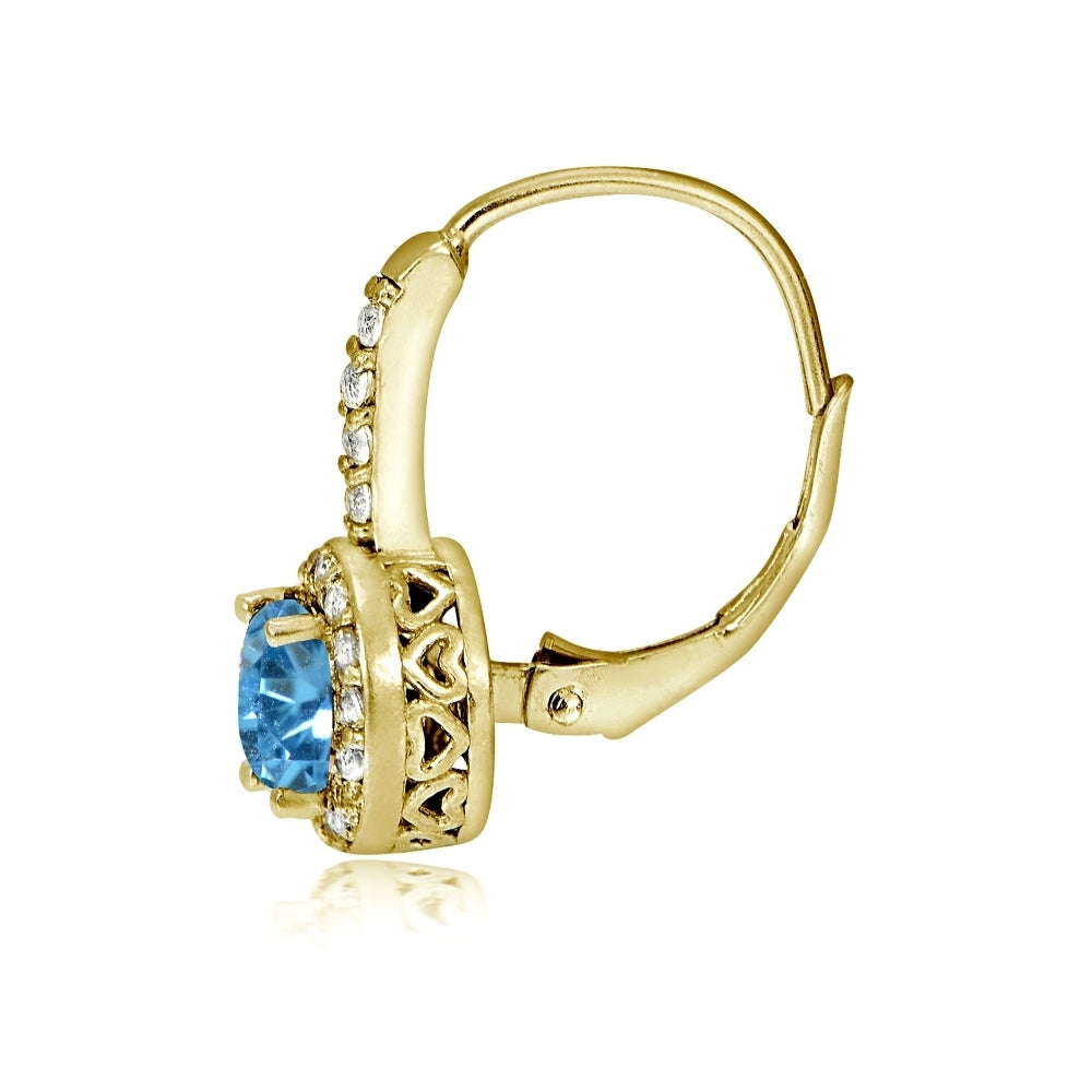 Yellow Gold Flashed Sterling Silver Created Blue Topaz 5mm Round and CZ Accents Leverback Earrings-2