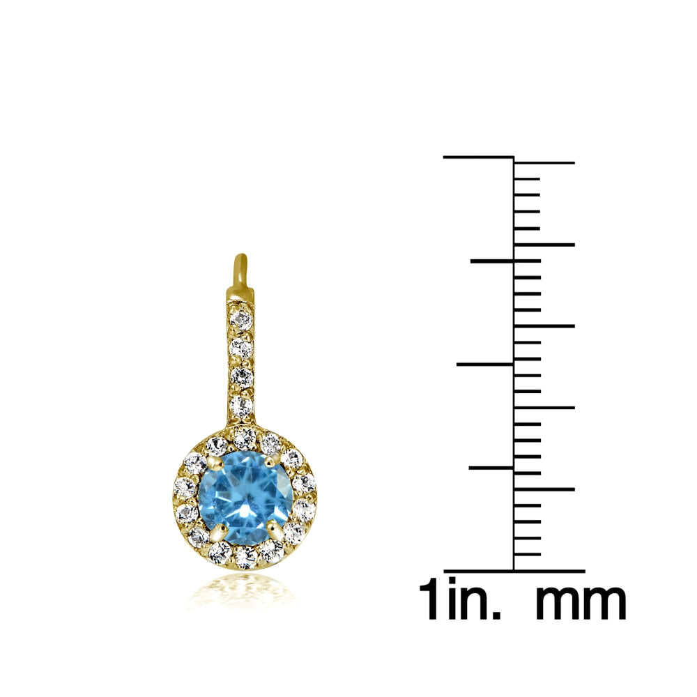 Yellow Gold Flashed Sterling Silver Created Blue Topaz 5mm Round and CZ Accents Leverback Earrings-3
