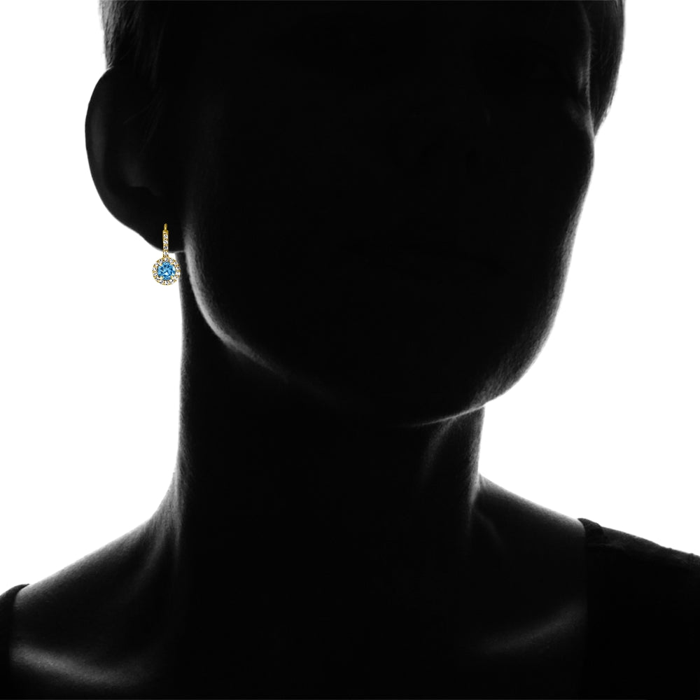 Yellow Gold Flashed Sterling Silver Created Blue Topaz 5mm Round and CZ Accents Leverback Earrings-4