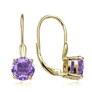 Yellow Gold Flashed Sterling Silver Created Amethyst 7mm Round Solitaire Leverback Earrings