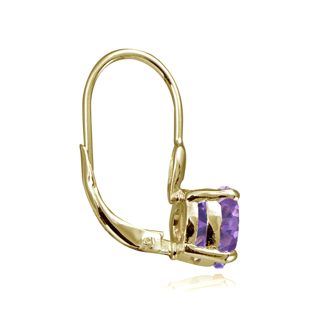 Yellow Gold Flashed Sterling Silver Created Amethyst 7mm Round Solitaire Leverback Earrings-2