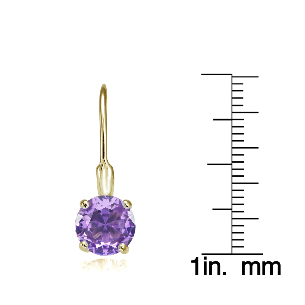 Yellow Gold Flashed Sterling Silver Created Amethyst 7mm Round Solitaire Leverback Earrings-3