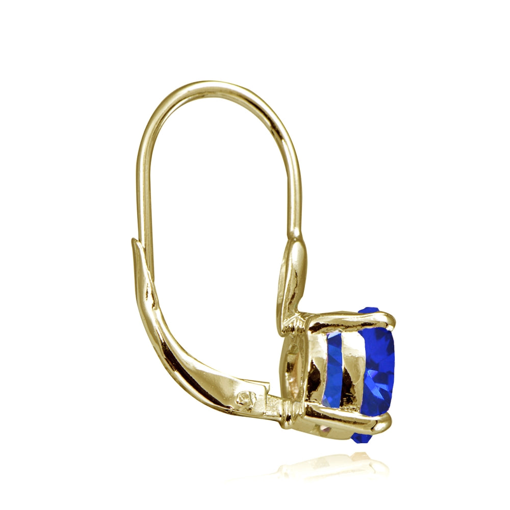 Yellow Gold Flashed Sterling Silver Created Blue Sapphire 7mm Round Solitaire Leverback Earrings-2