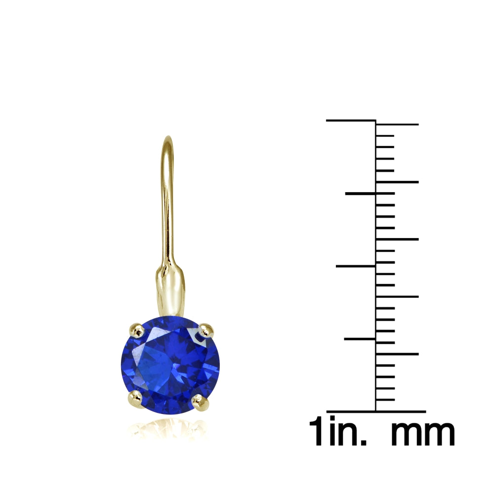Yellow Gold Flashed Sterling Silver Created Blue Sapphire 7mm Round Solitaire Leverback Earrings-3