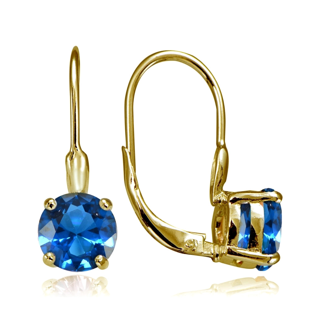 Yellow Gold Flashed Sterling Silver Created London Blue Topaz 7mm Round Solitaire Leverback Earrings