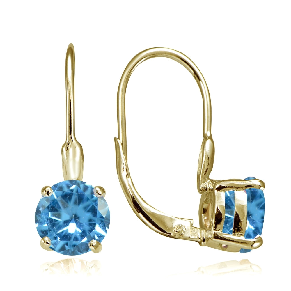 Yellow Gold Flashed Sterling Silver Created Blue Topaz 7mm Round Solitaire Leverback Earrings