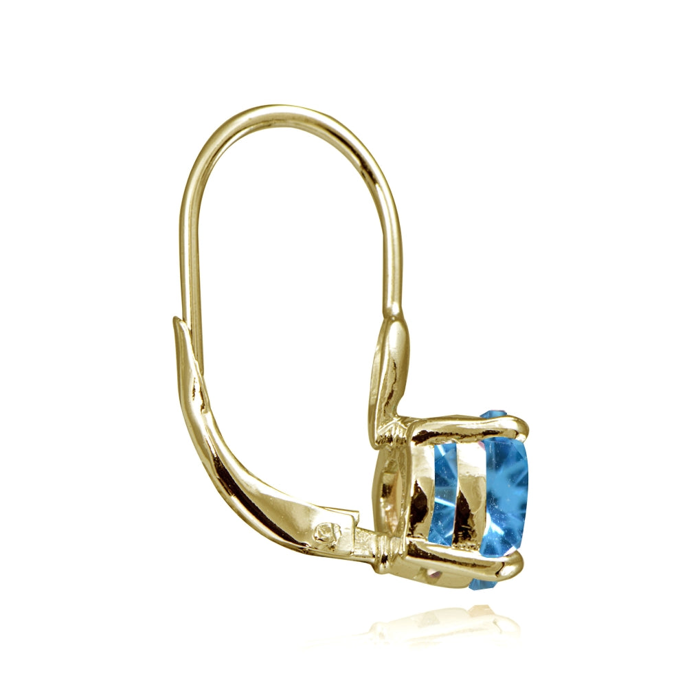 Yellow Gold Flashed Sterling Silver Created Blue Topaz 7mm Round Solitaire Leverback Earrings-2