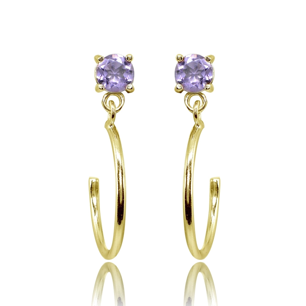 Yellow Gold Flashed Sterling Silver 4mm Amethyst Dangling Half Hoop Stud Earrings
