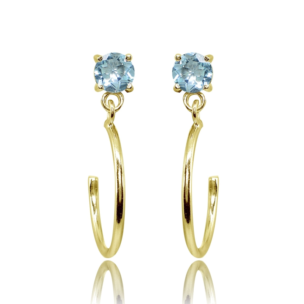 Yellow Gold Flashed Sterling Silver 4mm Blue Topaz Dangling Half Hoop Stud Earrings