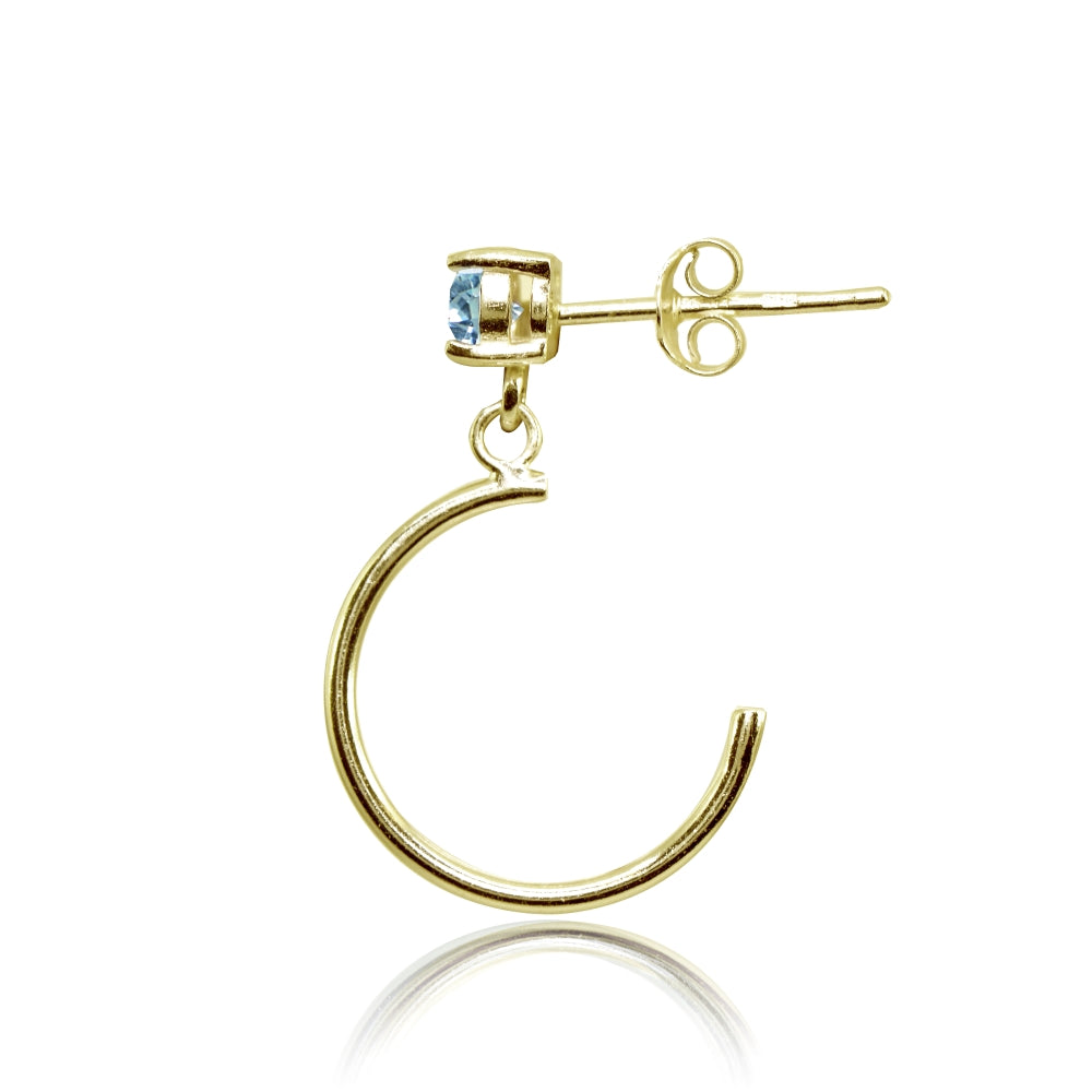 Yellow Gold Flashed Sterling Silver 4mm Blue Topaz Dangling Half Hoop Stud Earrings-2