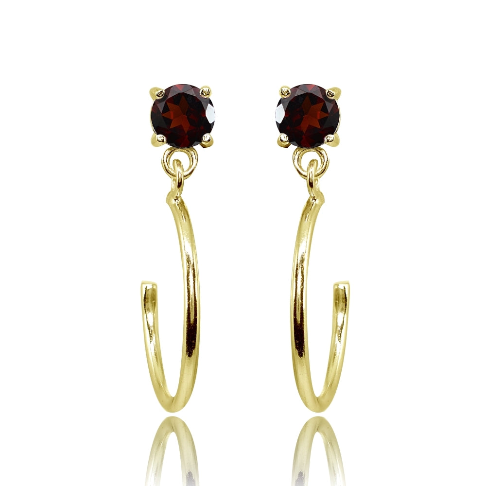 Yellow Gold Flashed Sterling Silver 4mm Garnet Dangling Half Hoop Stud Earrings