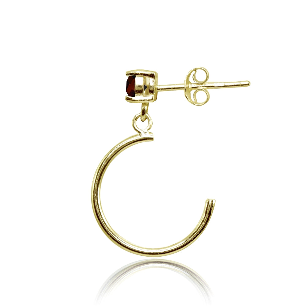 Yellow Gold Flashed Sterling Silver 4mm Garnet Dangling Half Hoop Stud Earrings-2