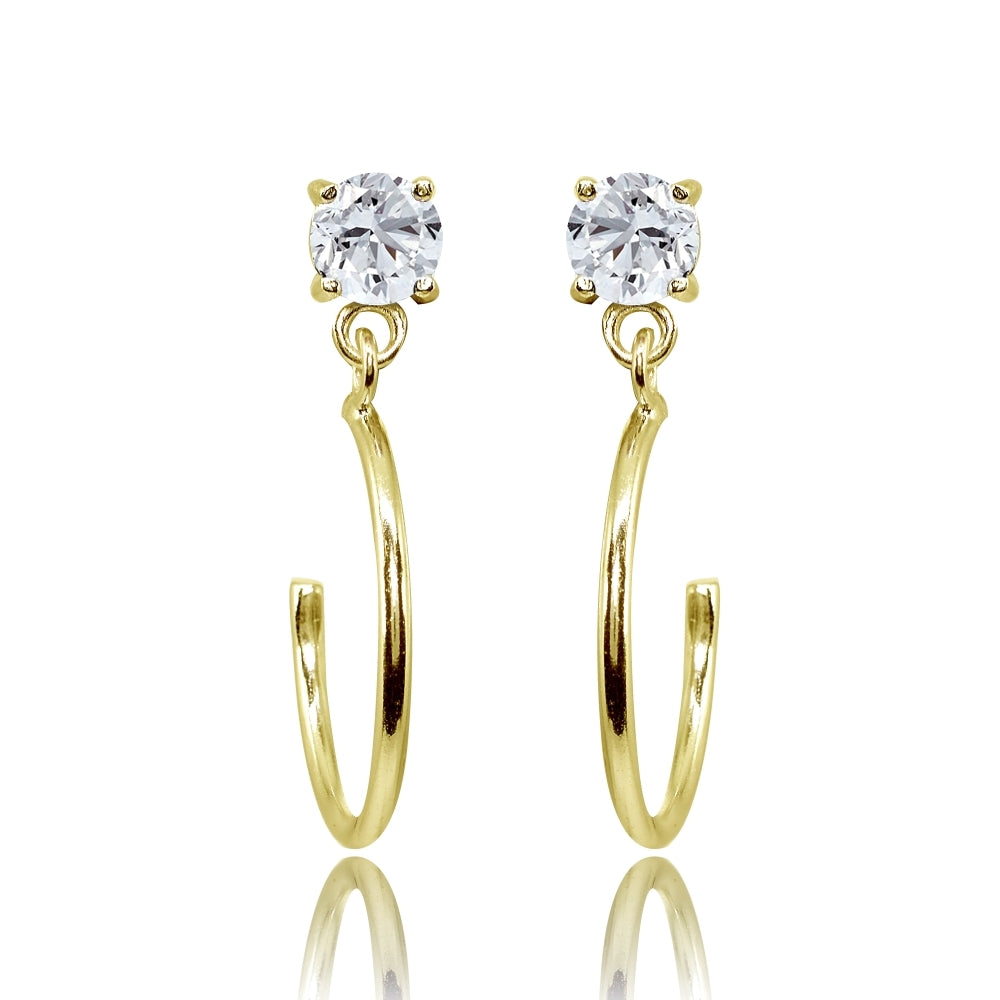 Yellow Gold Flashed Sterling Silver 4mm Cubic Zirconia Dangling Half Hoop Stud Earrings