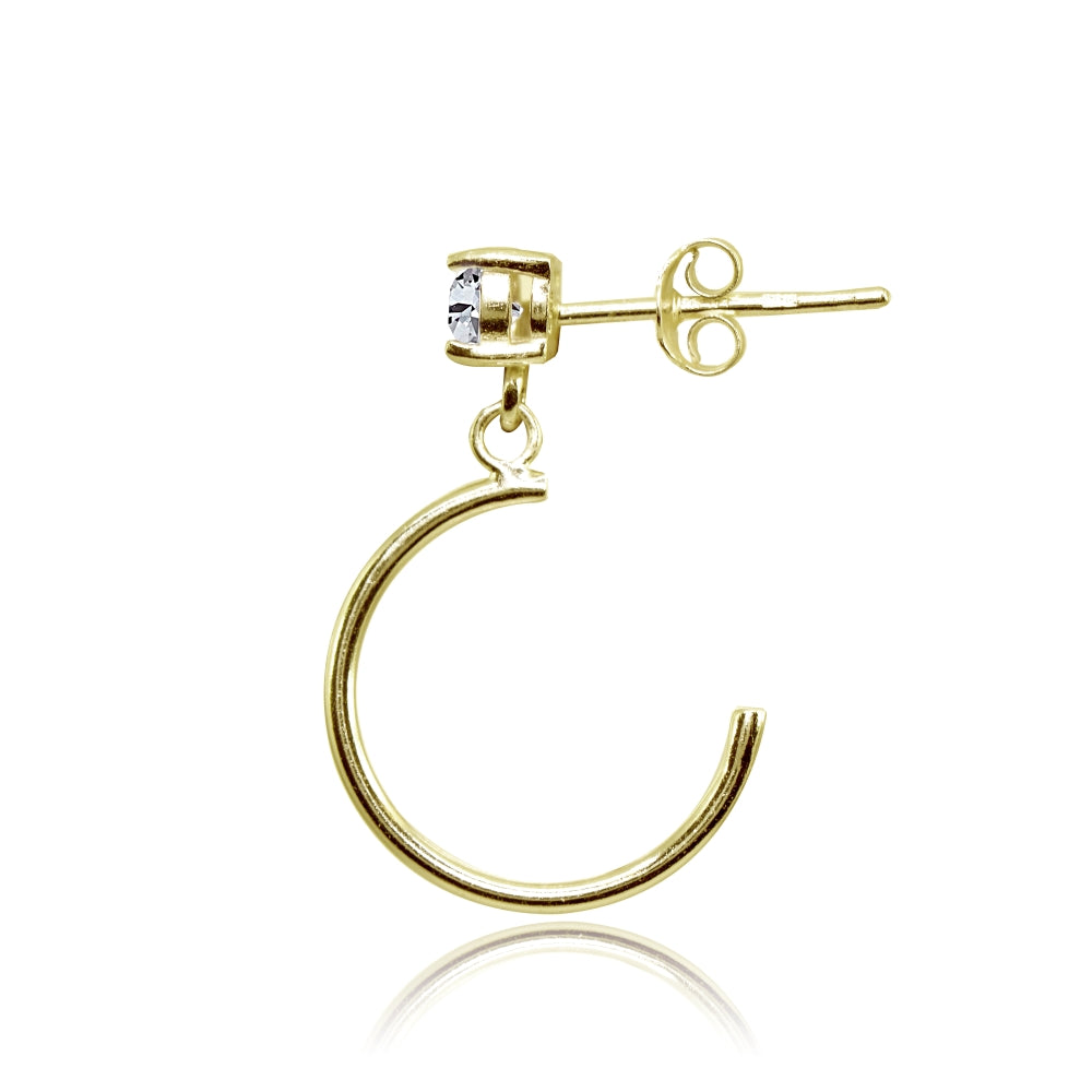 Yellow Gold Flashed Sterling Silver 4mm Cubic Zirconia Dangling Half Hoop Stud Earrings-2