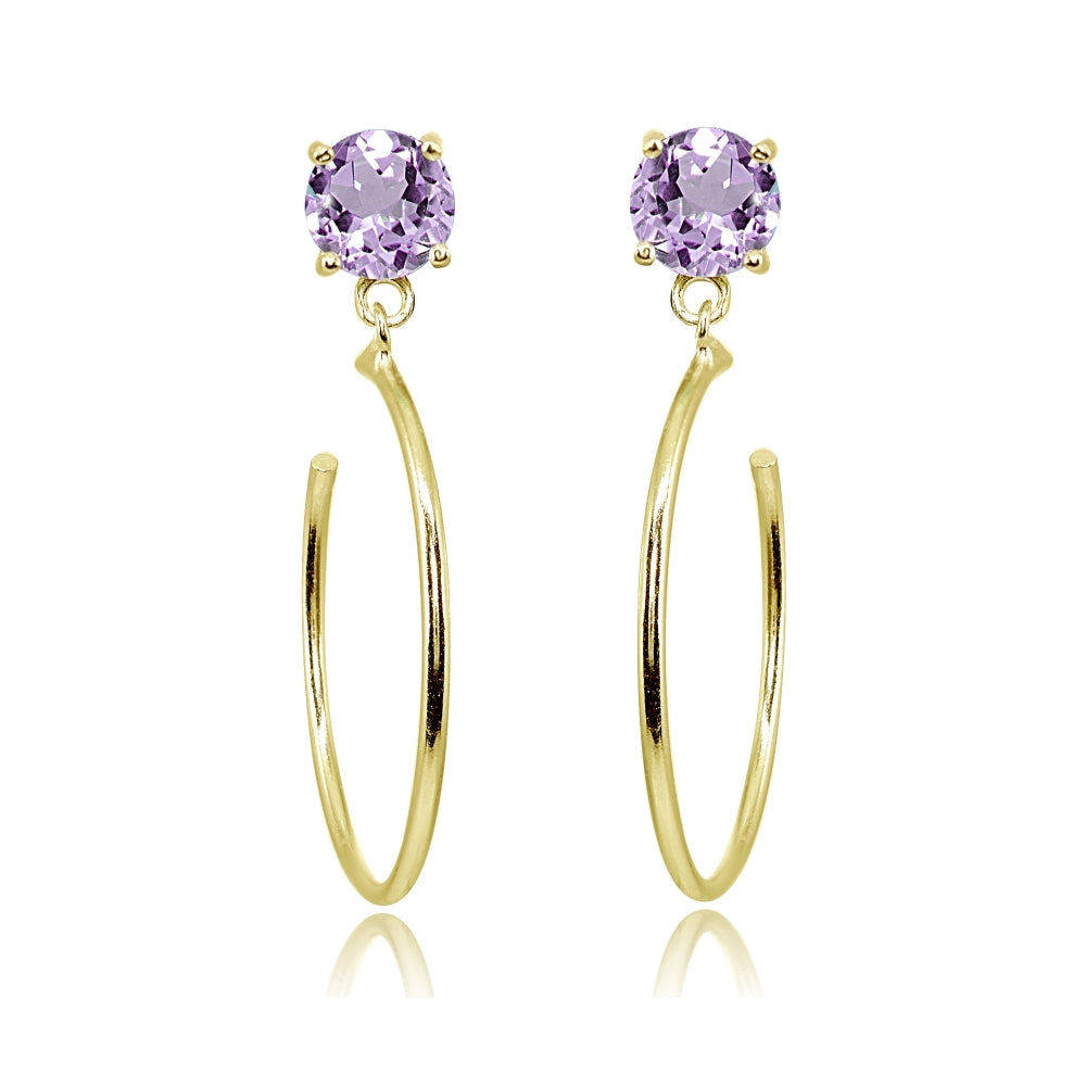 Yellow Gold Flashed Sterling Silver 5mm Amethyst Dangling Half Hoop Stud Earrings