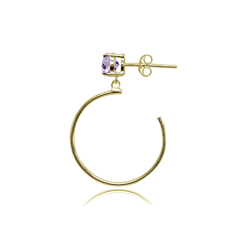 Yellow Gold Flashed Sterling Silver 5mm Amethyst Dangling Half Hoop Stud Earrings-2