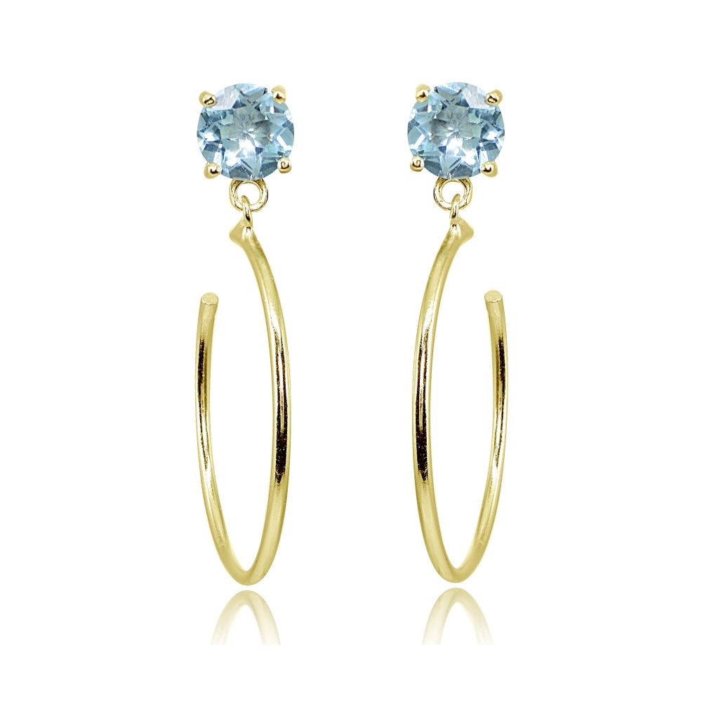 Yellow Gold Flashed Sterling Silver 5mm Blue Topaz Dangling Half Hoop Stud Earrings