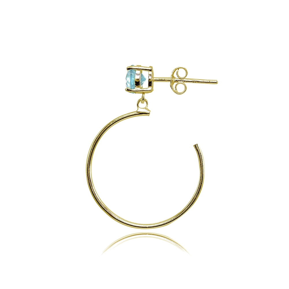 Yellow Gold Flashed Sterling Silver 5mm Blue Topaz Dangling Half Hoop Stud Earrings-2