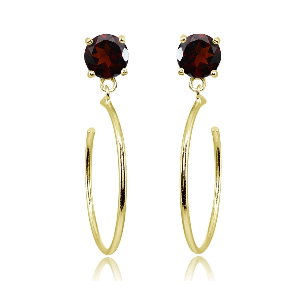 Yellow Gold Flashed Sterling Silver 5mm Garnet Dangling Half Hoop Stud Earrings
