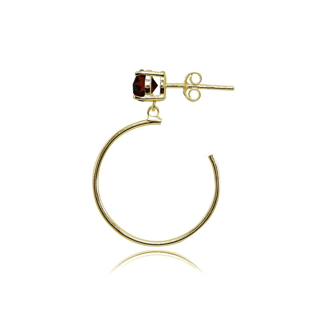 Yellow Gold Flashed Sterling Silver 5mm Garnet Dangling Half Hoop Stud Earrings-2