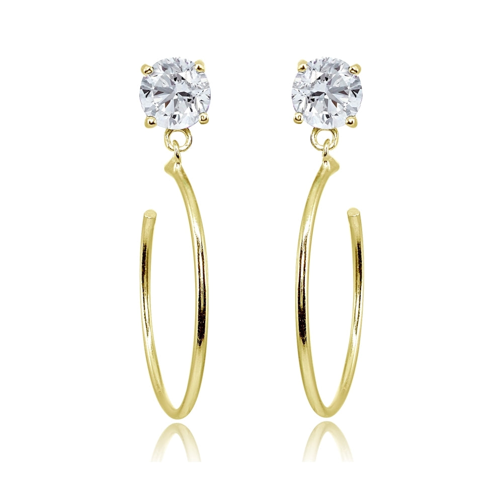 Yellow Gold Flashed Sterling Silver 5mm Cubic Zirconia Dangling Half Hoop Stud Earrings