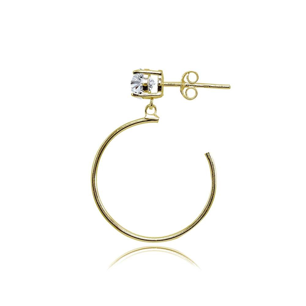 Yellow Gold Flashed Sterling Silver 5mm Cubic Zirconia Dangling Half Hoop Stud Earrings-2
