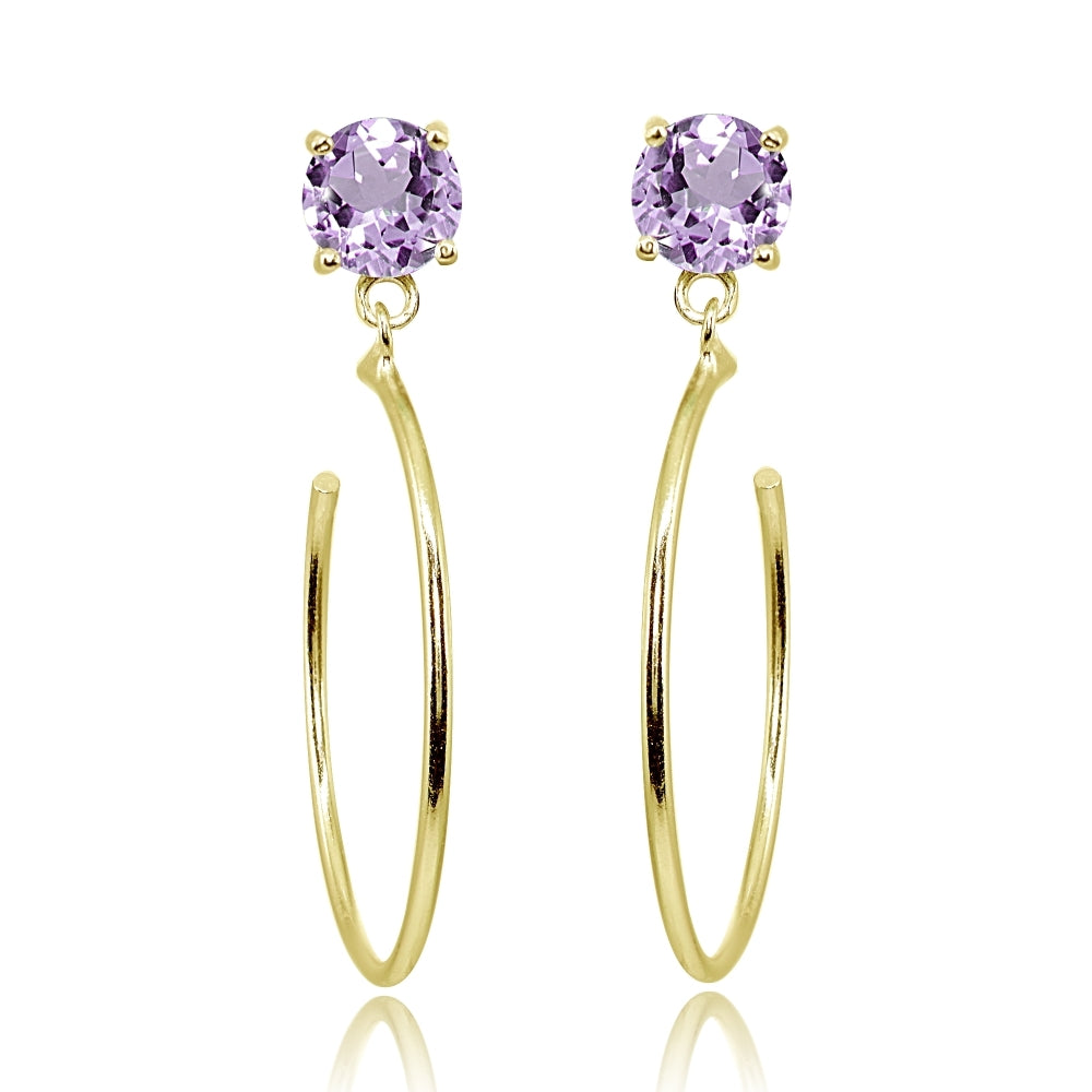 Yellow Gold Flashed Sterling Silver 6mm Amethyst Dangling Half Hoop Stud Earrings