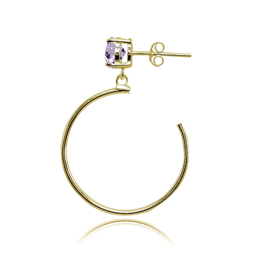 Yellow Gold Flashed Sterling Silver 6mm Amethyst Dangling Half Hoop Stud Earrings-2