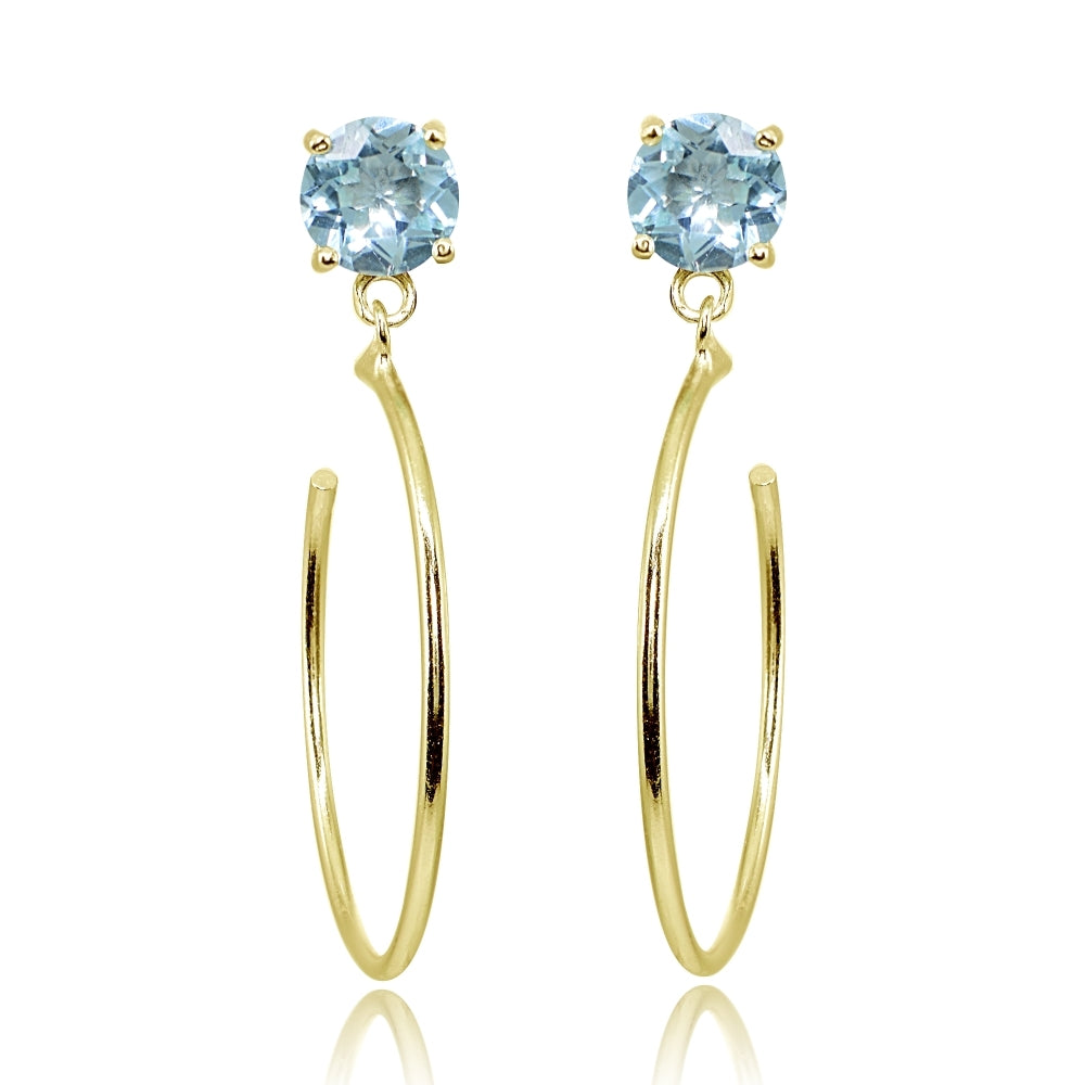 Yellow Gold Flashed Sterling Silver 6mm Blue Topaz Dangling Half Hoop Stud Earrings
