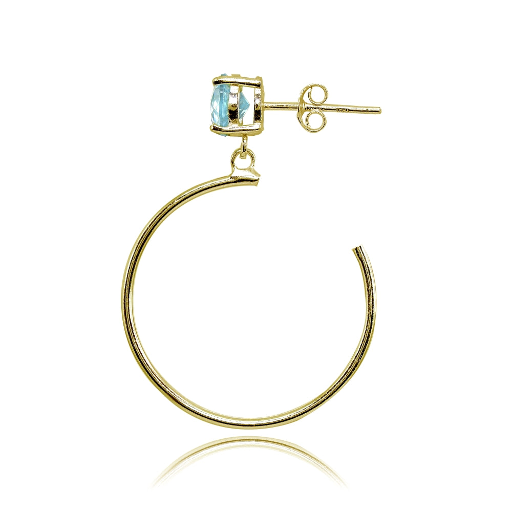 Yellow Gold Flashed Sterling Silver 6mm Blue Topaz Dangling Half Hoop Stud Earrings-2